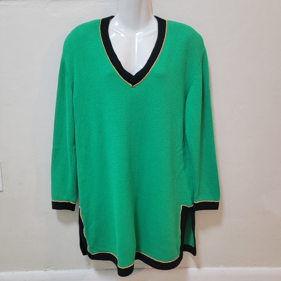 ST JOHN Sweater Santana Knit V-Neck Tunic Green L Golden Long Slv Christmas - Picture 1 of 11